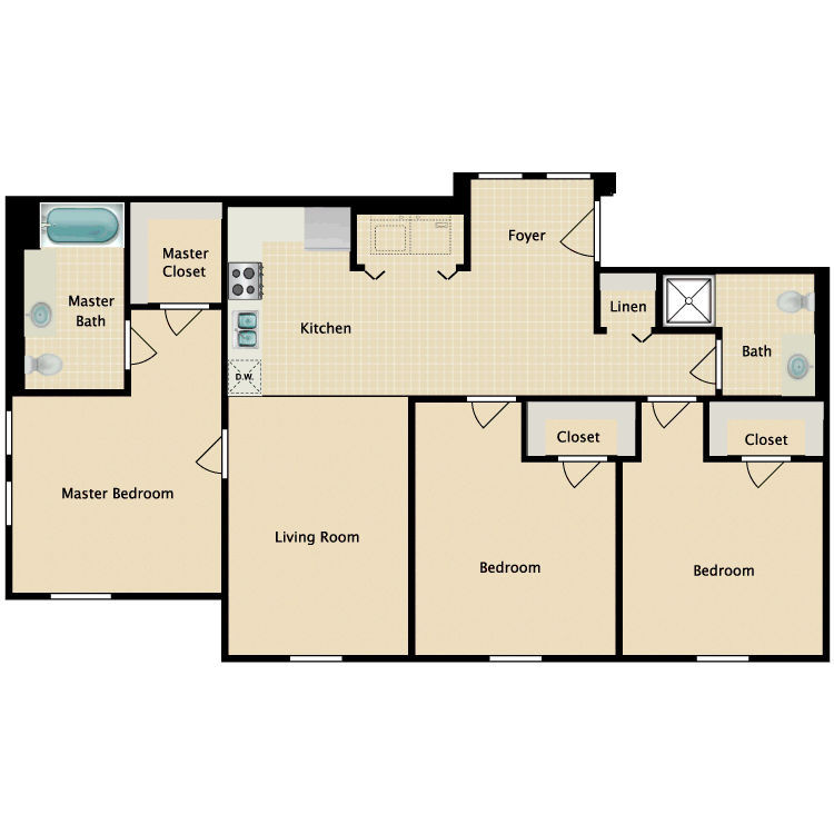 Floor plan for 3 beds, 2 baths, 1034 sqft
